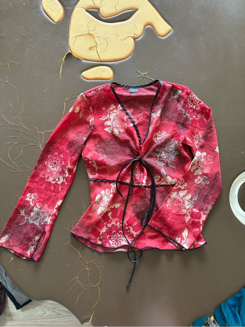 Red Floral Top with Black Trim
